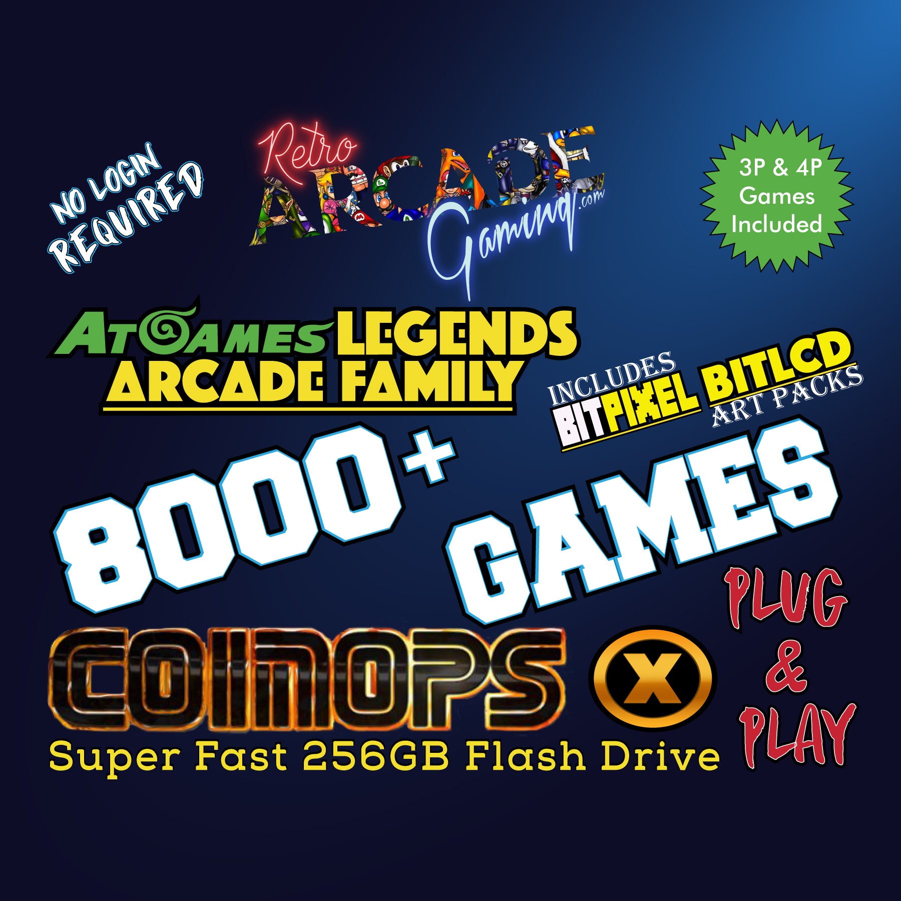 8000+ Add-On Pack! AtGames Legends Ultimate Family! CoinopsX 256GB Plug N Play Flash Drive!