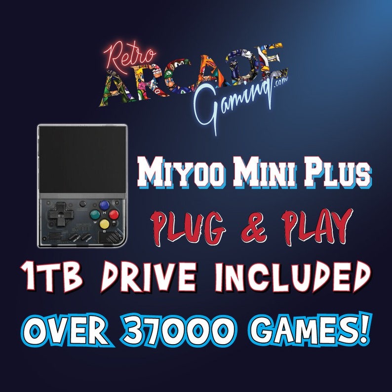 Miyoo Mini Plus - BLACK - Includes Over 37000 Games On A 1TB Micro SD Card Preinstalled, Charger, Carrying Case, & Screen Protector Included