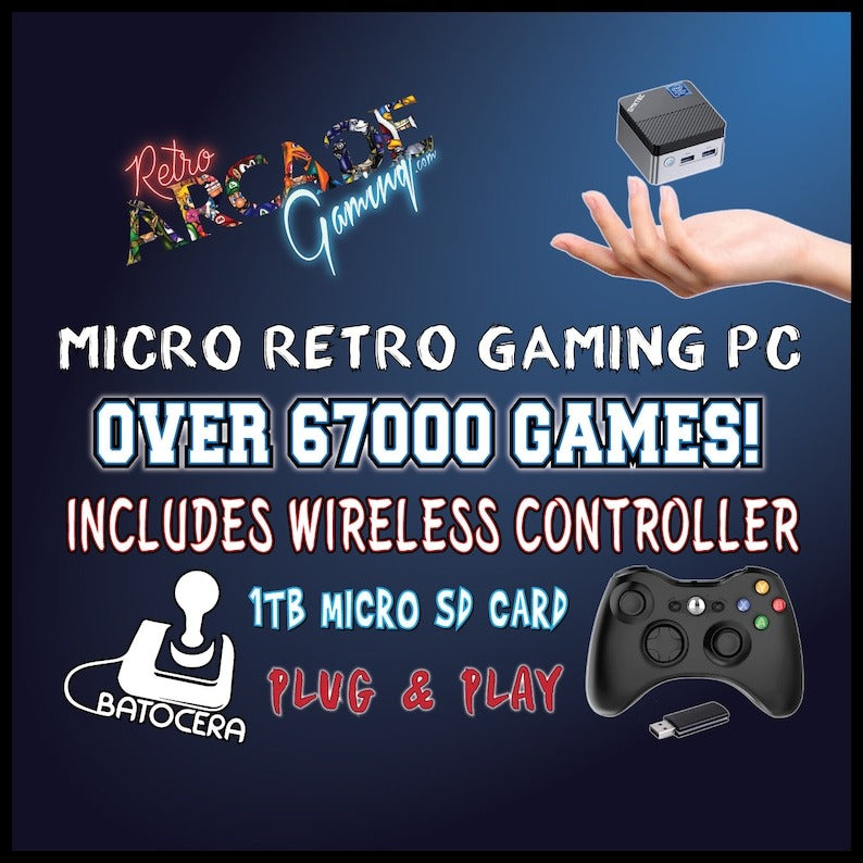 Micro Batocera Retro Gaming PC W/ Over 67000 Games! Fits In The Palm Of Your Hand! Includes Wireless Xbox 360 Controller! Dual Boot System!