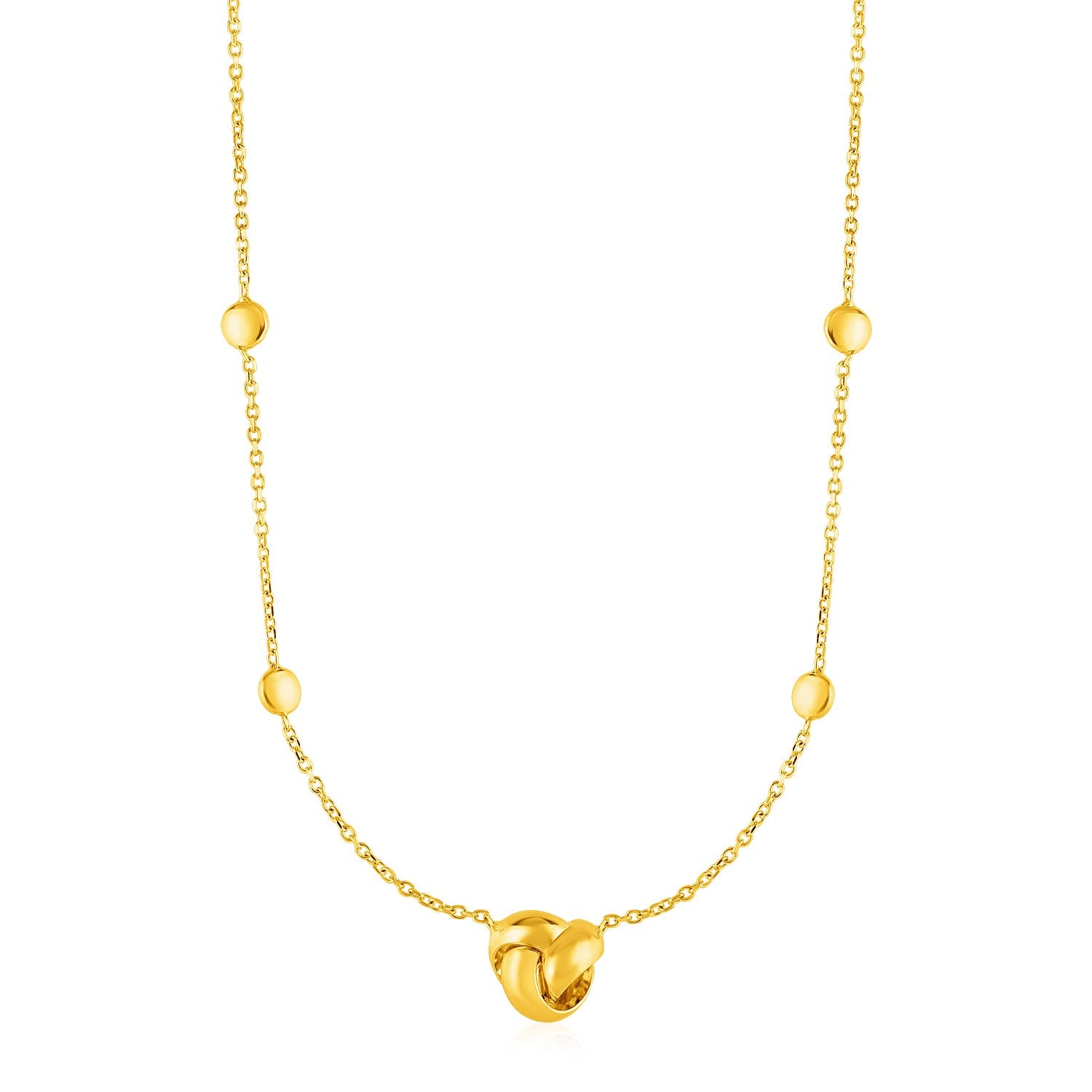 Station Necklace with Love Knot and Round Beads in 14k Yellow Gold