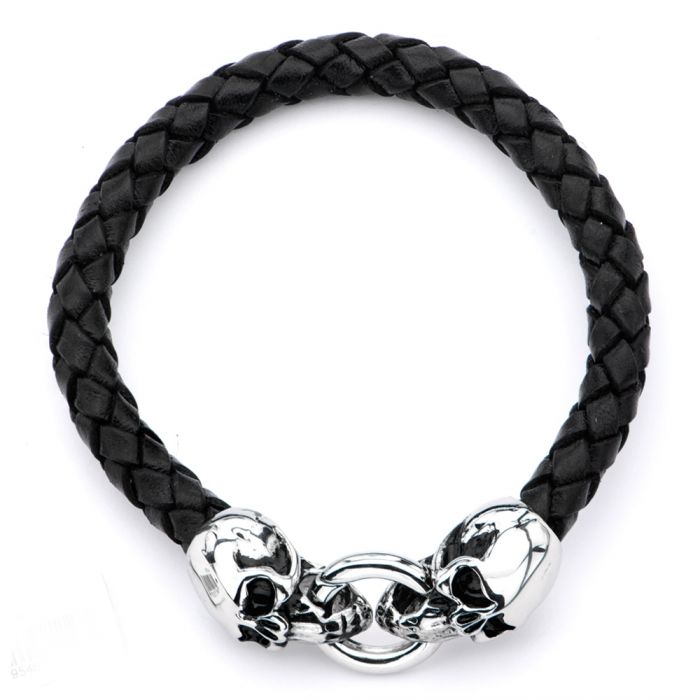 Black Leather with Skulls Bracelet