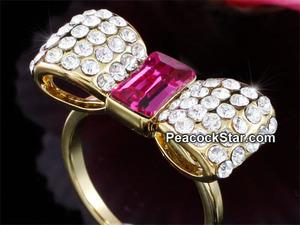 Pink Bow Gold Plated Ring use Swarovski Crystal XR183