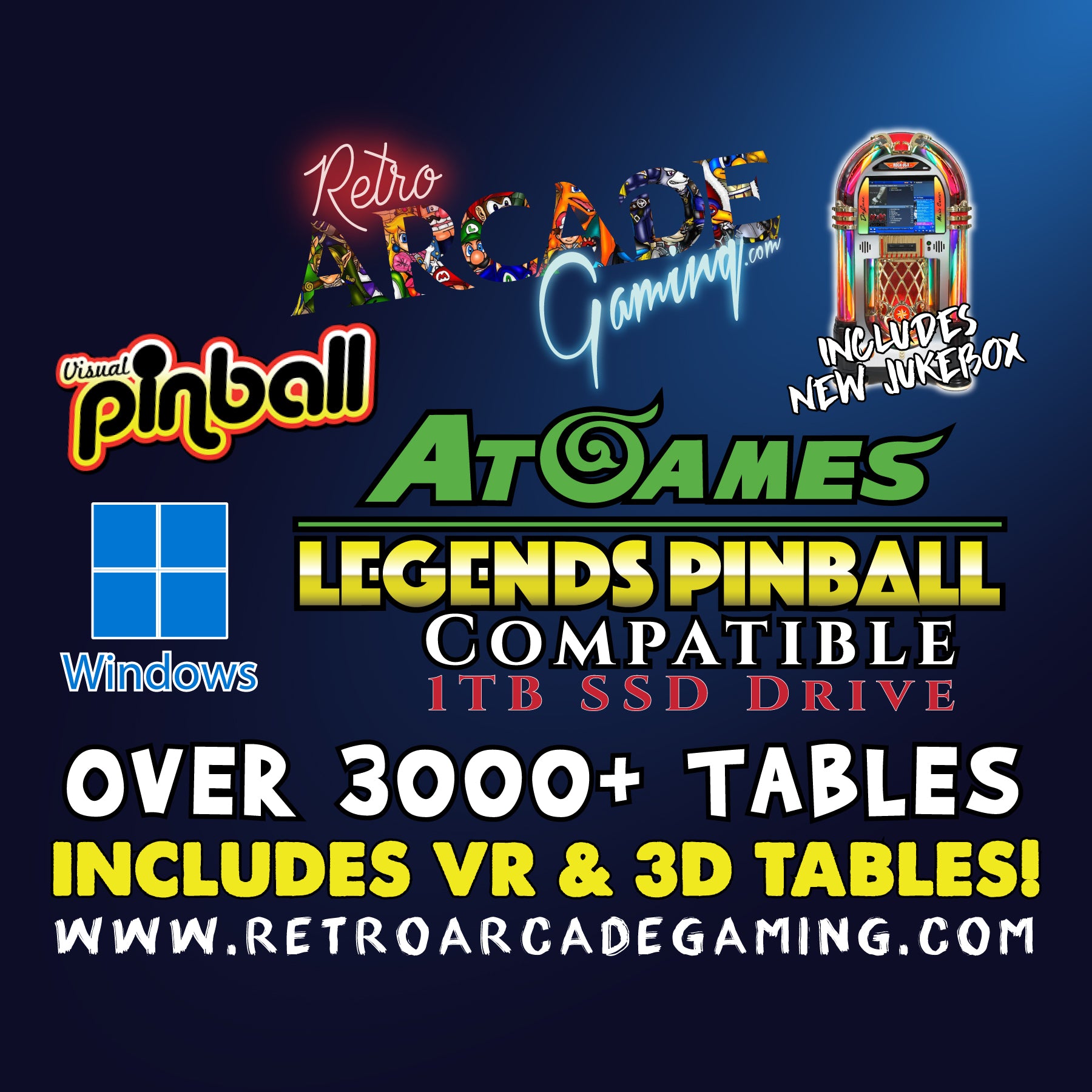Virtual Pinball 3000 Titles! 1TB SSD! ALP Compatible W/ AtGames Legends Pinball & All Other Pinball Cabinets!