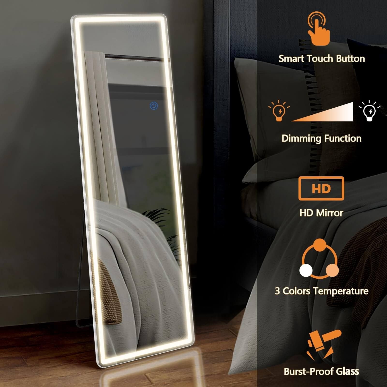 3 Color Lighting Mirror, 64"x21" Lighted Floor Standing Mirror-4