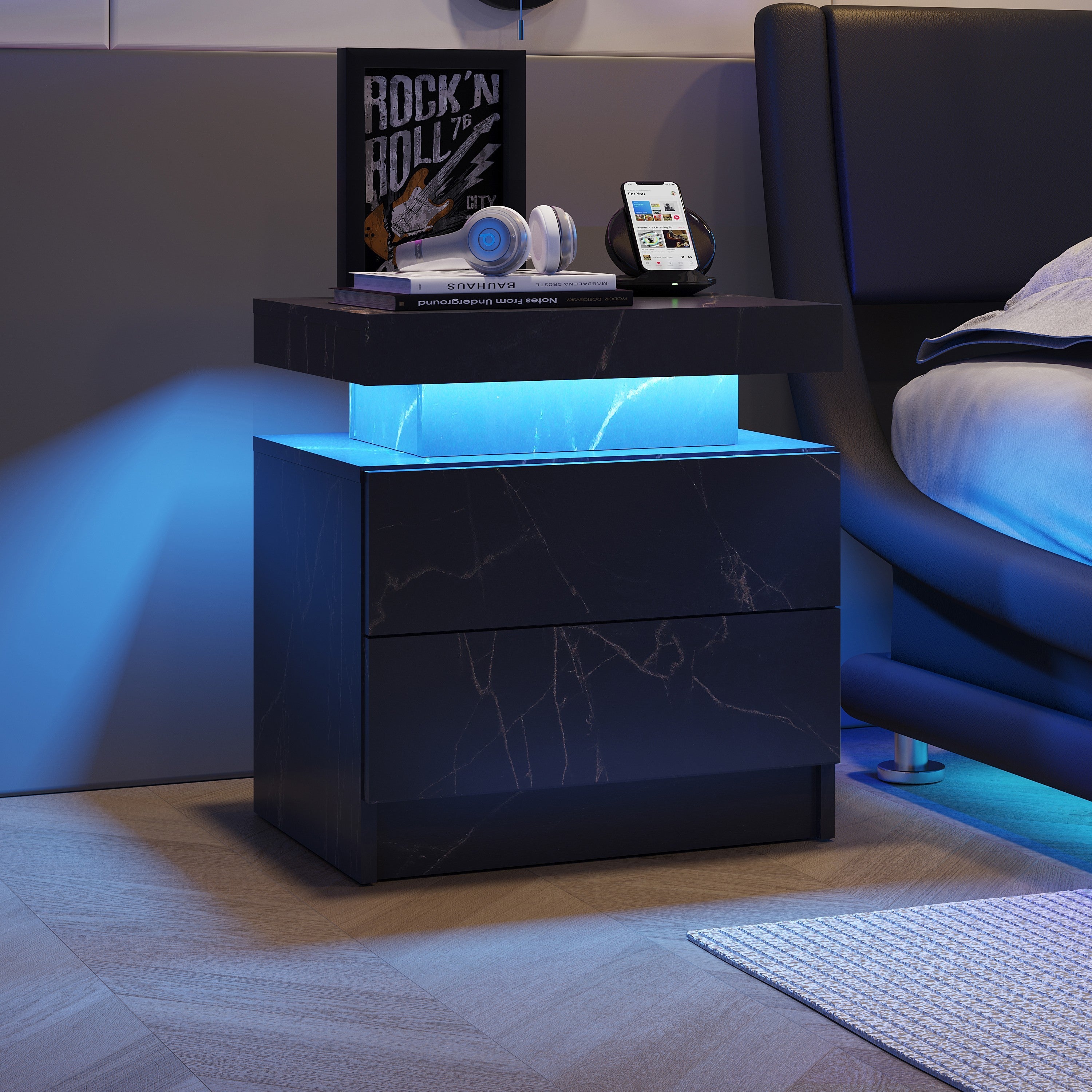 Nightstand LED Bedside Table Cabinet Lights Modern End Side with 2 Drawers-1