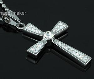 Cubic Zirconia Studs Cross Steel Mens Pendant Necklace XMP001