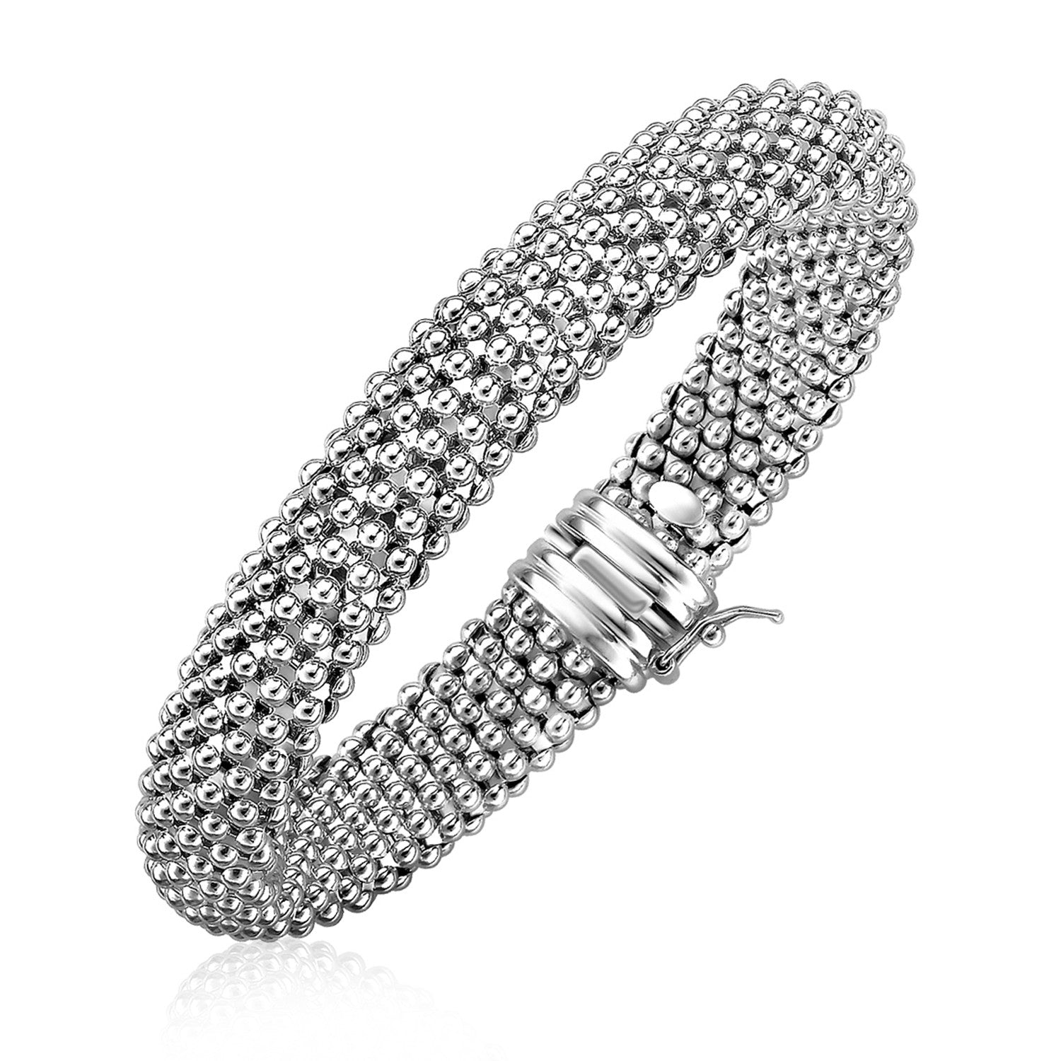 Sterling Silver Rounded Motif Mesh Bracelet with Rhodium Plating