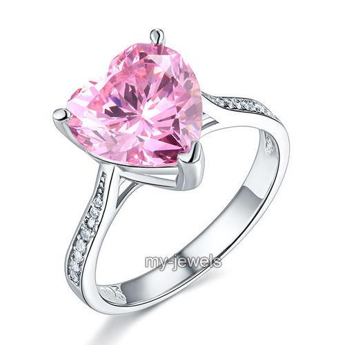 925 Sterling Silver 3.5 Carat Heart Pink Created Diamond Bridal Engagement Ring