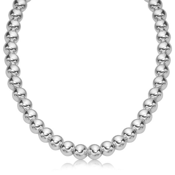 Sterling Silver Polished Bead Necklace with Rhodium Plating (10mm)