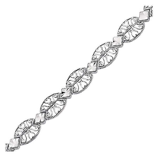 14k White Gold Antique Vintage Look Filigree Oval Link Bracelet