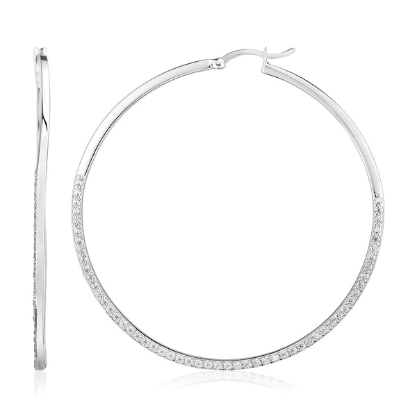 Sterling Silver Large Textured Rectangular Profile Hoop Earrings