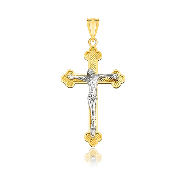 14k Two-Tone Gold Small Budded Style Cross with Figure Pendant
