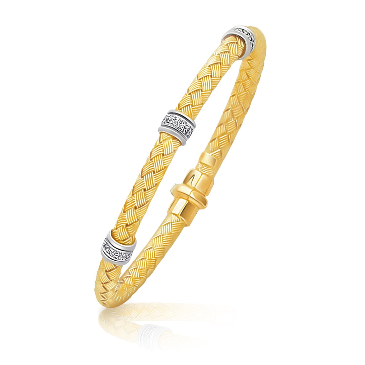 14k Two-Tone Gold Rondelle Diamond Station Basket Weave Bracelet