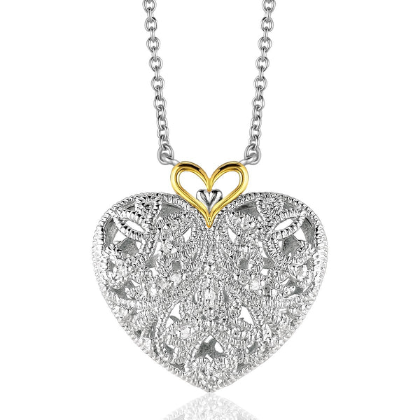 Sterling Silver and 14k Yellow Gold Filigree Heart Pendant with Diamond Accent