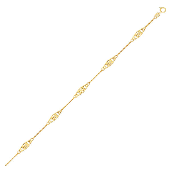 14k Yellow Gold Anklet with Fancy Diamond Shape Filigree Stations