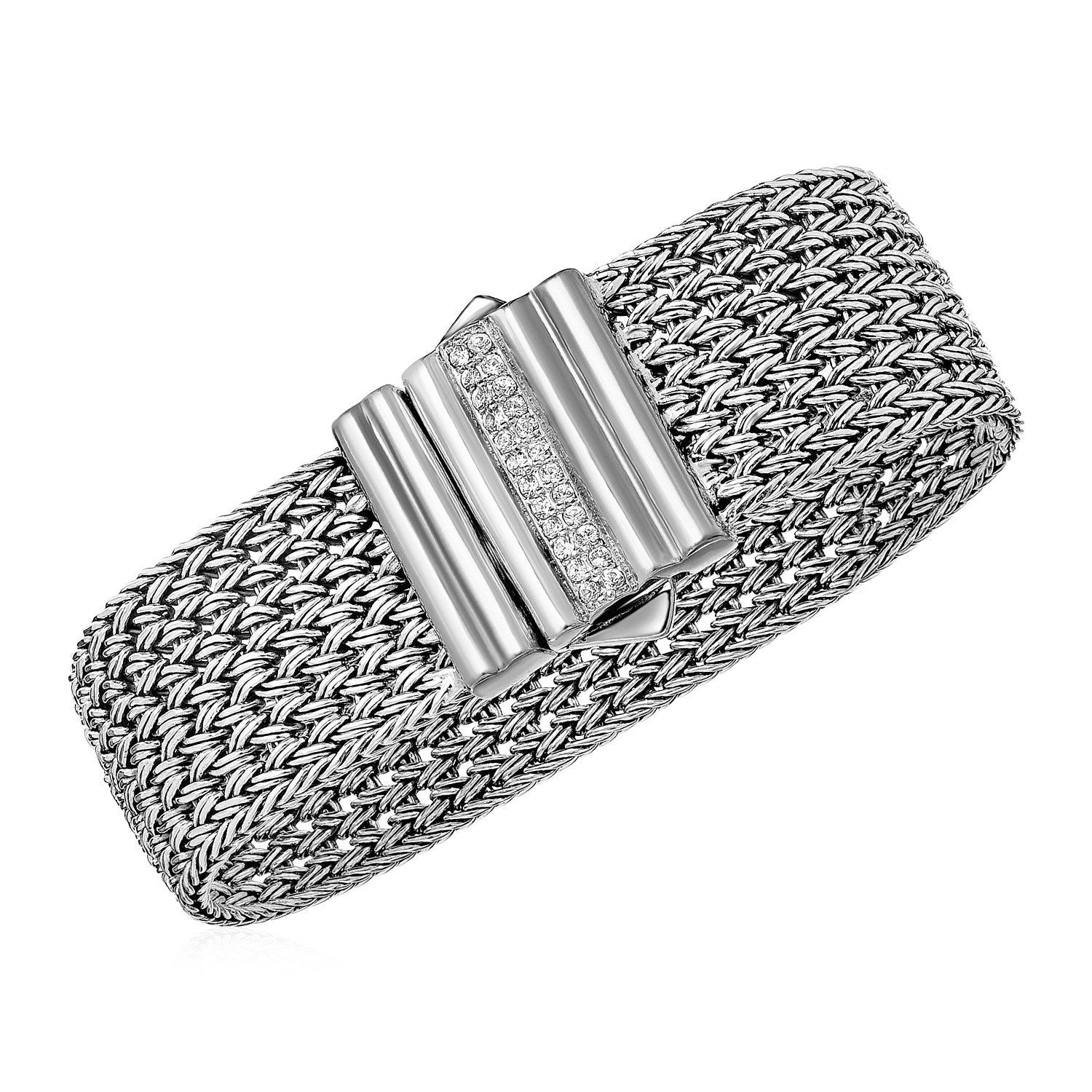 Wide Woven Rope Bracelet with White Sapphire Accented Clasp in Sterling Silver