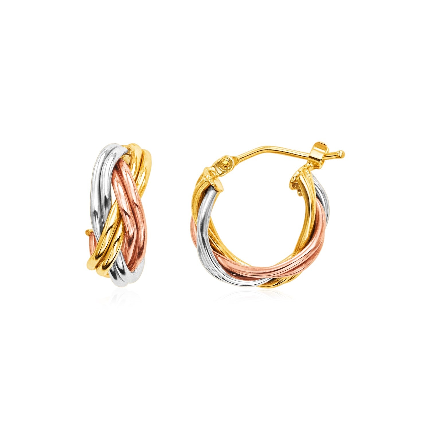 14k Tri Color Gold Petite Braided Hoop Earrings