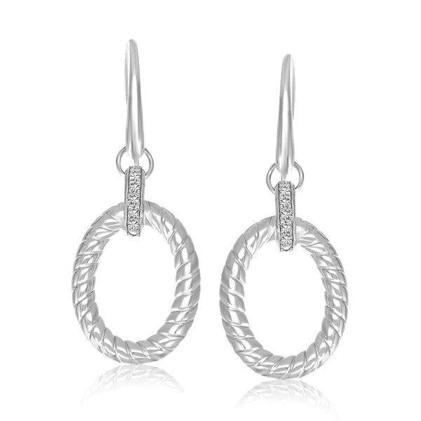 Sterling Silver Rhodium Finished Diamond Embellished Oval Rope Drop Earrings