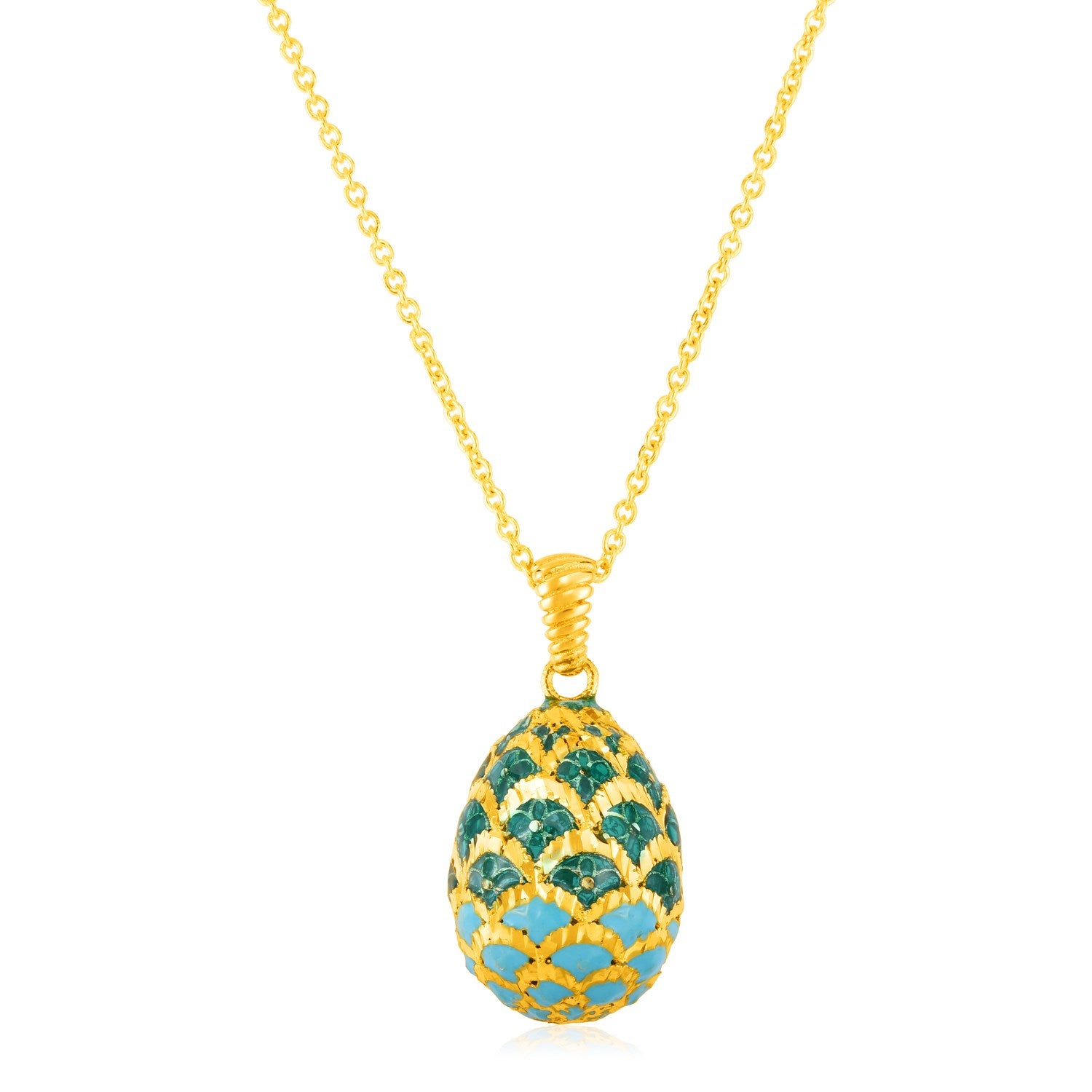 14K Yellow Gold Necklace with Green Enameled Egg