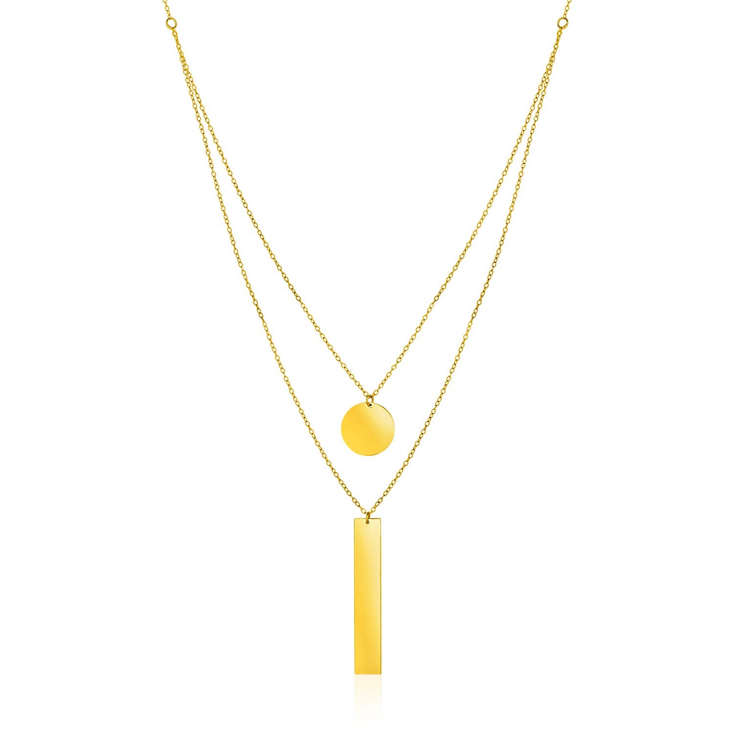 14k Yellow Gold 18 inch Two Strand Necklace with Circle and Bar Pendants