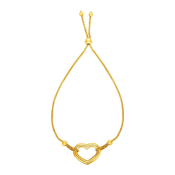 Adjustable Bracelet with Shiny Open Heart in 14k Yellow Gold