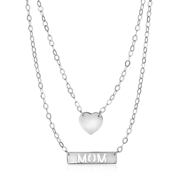 Sterling Silver 18 inch Two Strand Necklace with Heart and Mom Charms