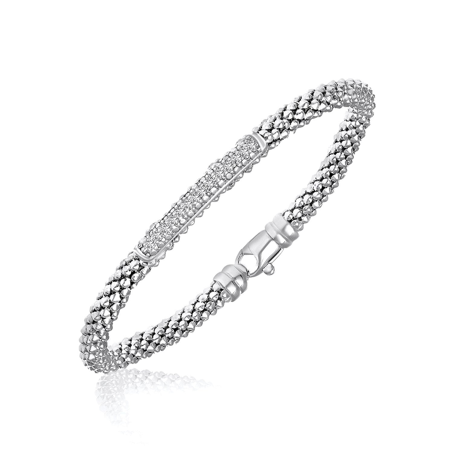 Sterling Silver Rhodium Finished Diamond Accented Popcorn Bangle (.14cttw)