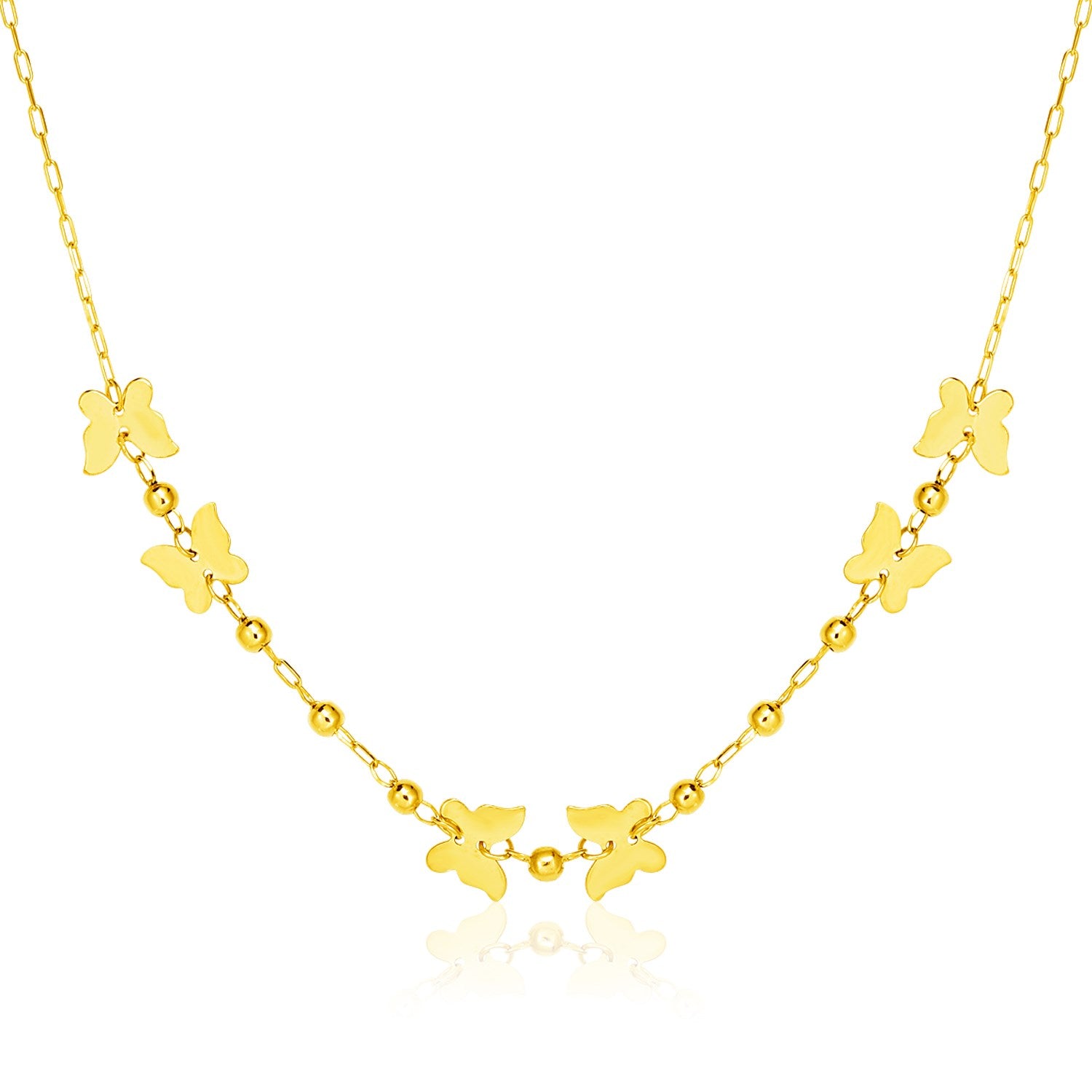 14k Yellow Gold 18 inch Necklace with Polished Butterflies and Beads