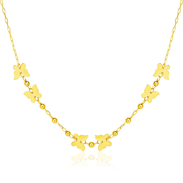 14k Yellow Gold 18 inch Necklace with Polished Butterflies and Beads