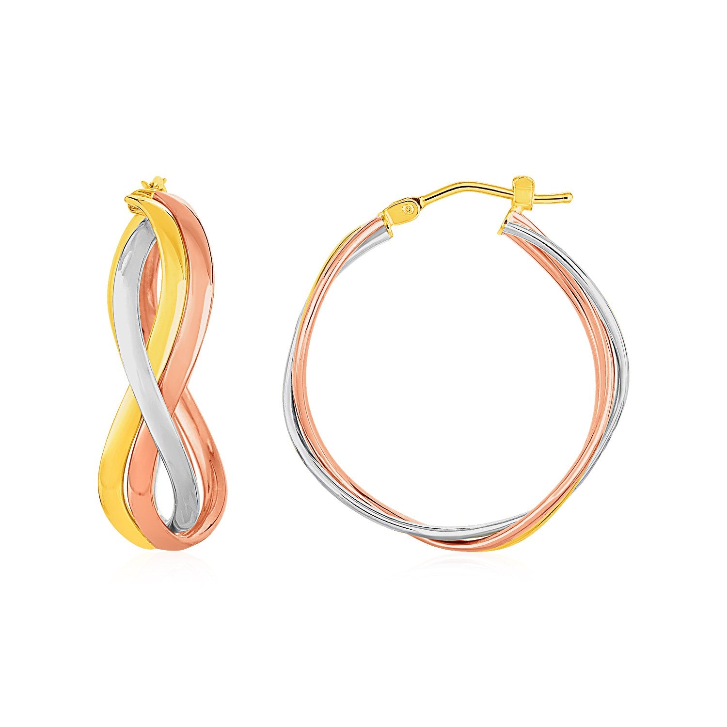 Three Part Wavy Hoop Earrings in 14k Tri Color Gold