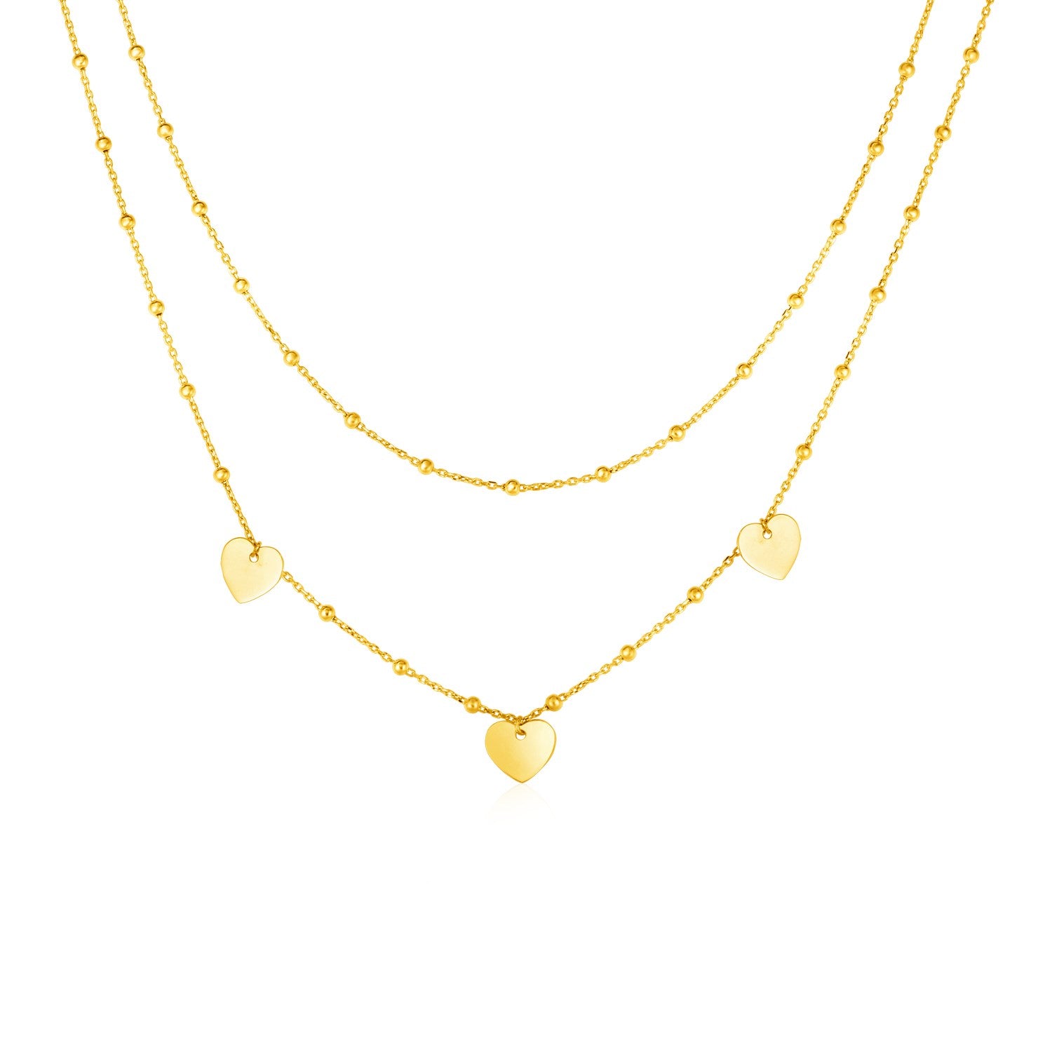 14k Yellow Gold Two Strand Necklace with Beads and Hearts