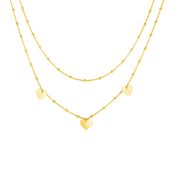 14k Yellow Gold Two Strand Necklace with Beads and Hearts