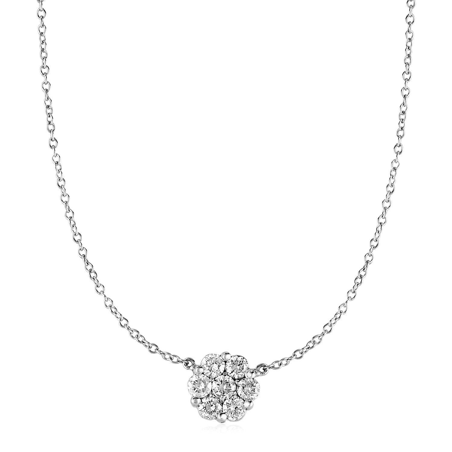 14k White Gold Necklace with Round Pendant with White Diamonds