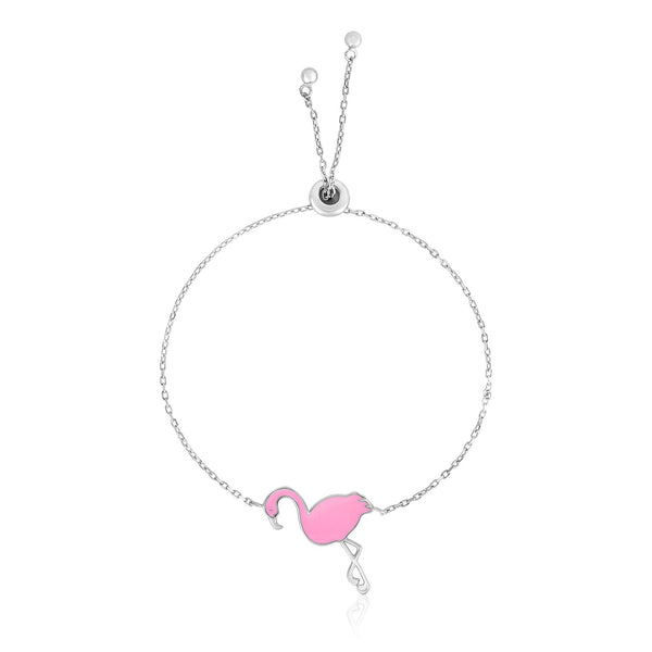 Sterling Silver 9 1/4 inch Adjustable Bracelet with Enameled Flamingo