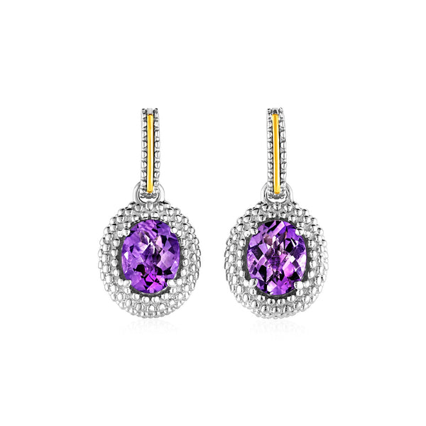 Oval Amethyst Earrings in 18k Yellow Gold & Sterling Silver