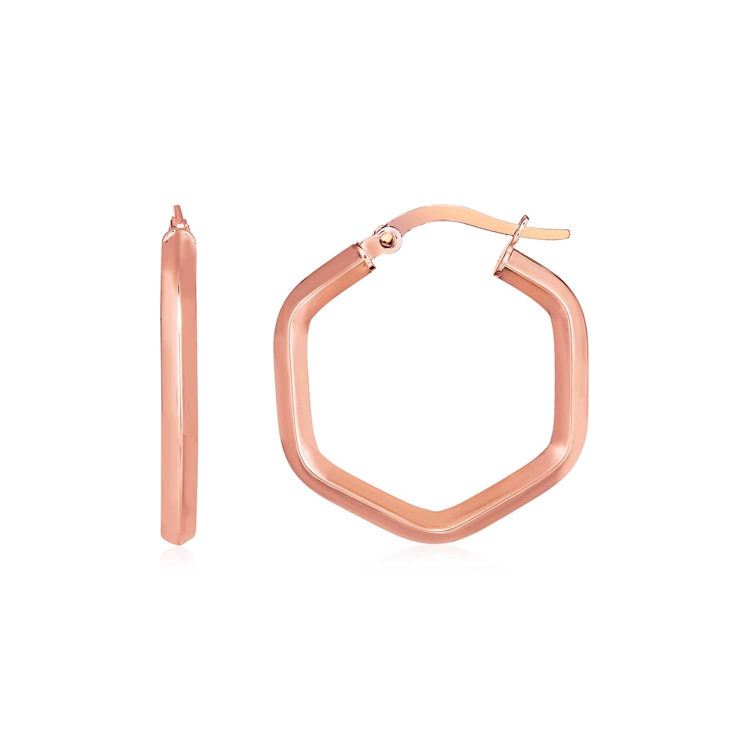 14k Rose Gold Shiny Hexagon Hoop Earrings