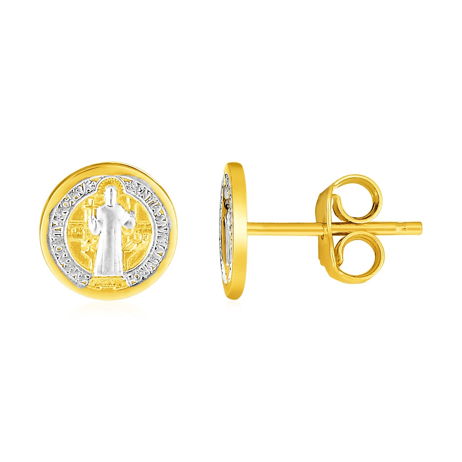 14k Two Tone Gold Round Religious Medal Post Earrings