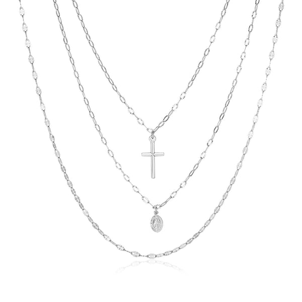 Sterling Silver 18 inch Three Strand Necklace with Cross and Religious Medal