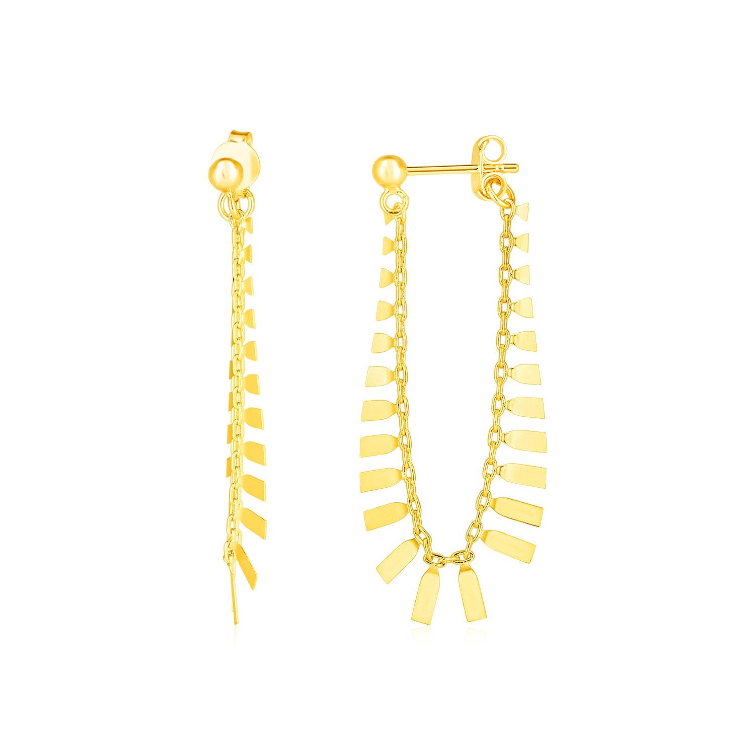 14K Yellow Gold Polished Stylized Leaf Motif and Chain Earrings