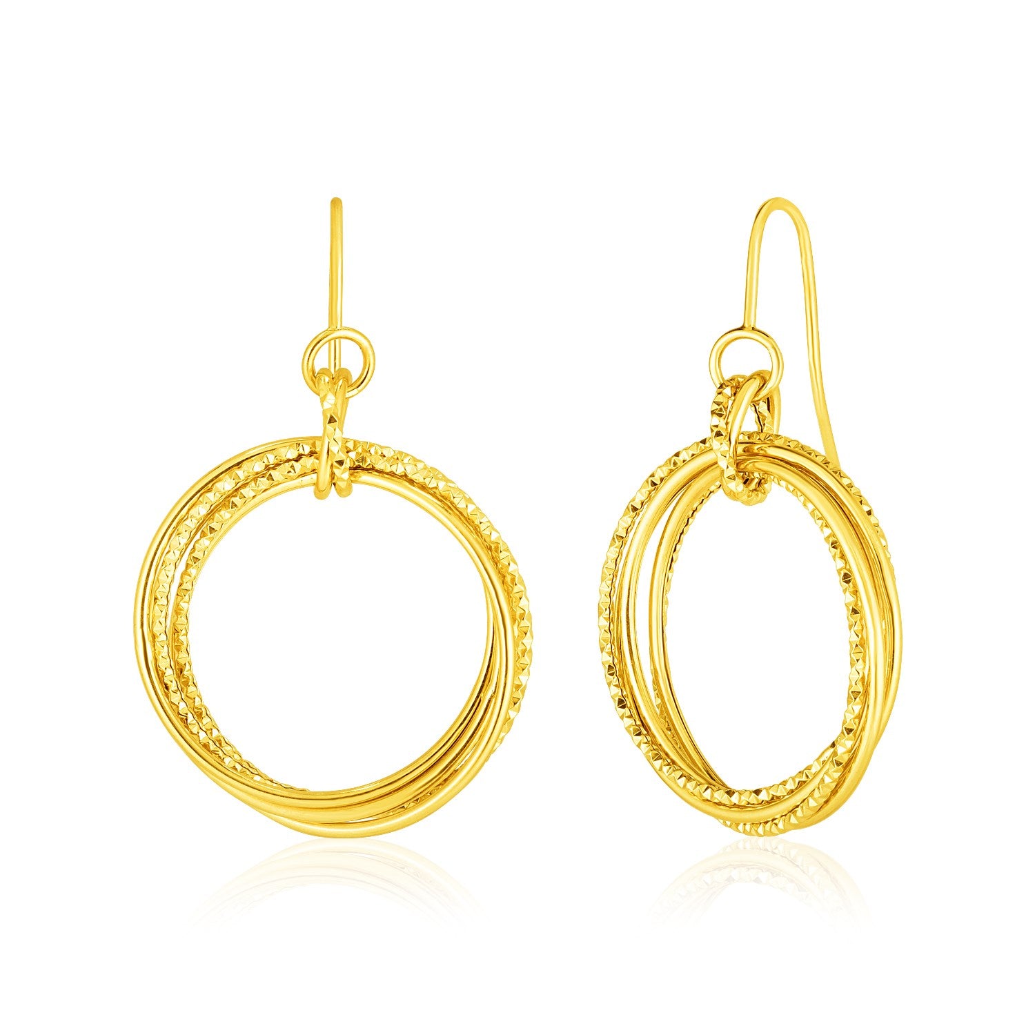 14k Yellow Gold Earrings with Polished and Textured Interlocking Circle Dangles