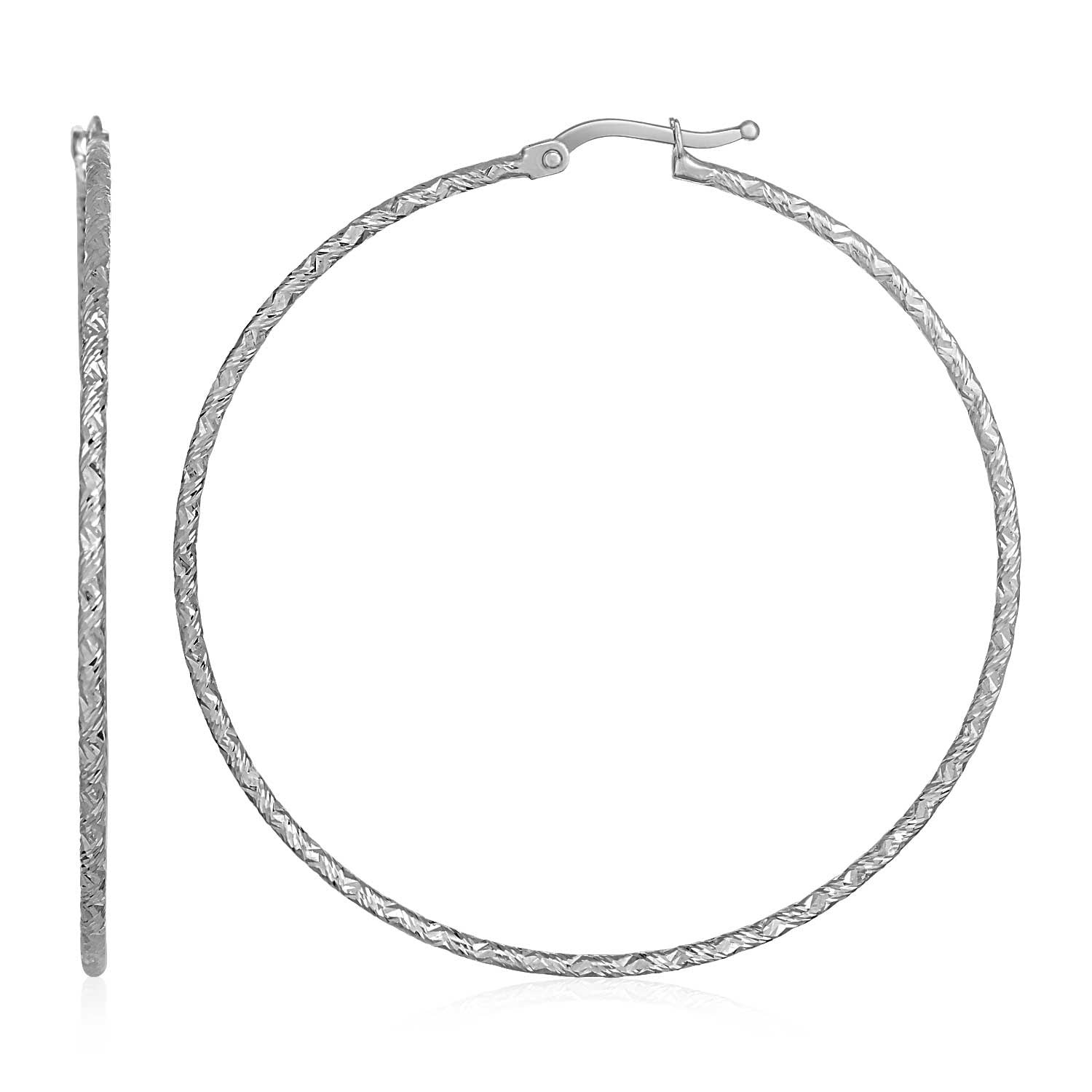 14k White Gold Large Textured Hoop Earrings (50mm Diameter) (1.5mm)