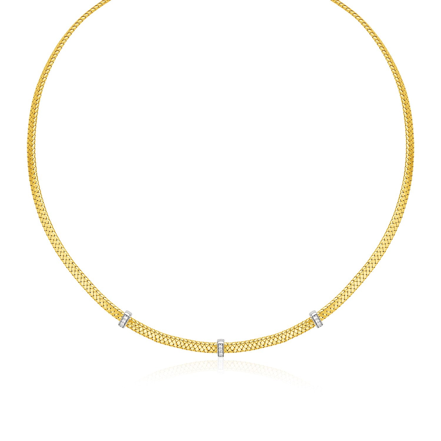 14k Two Tone Gold Basket Weave Necklace with Diamonds