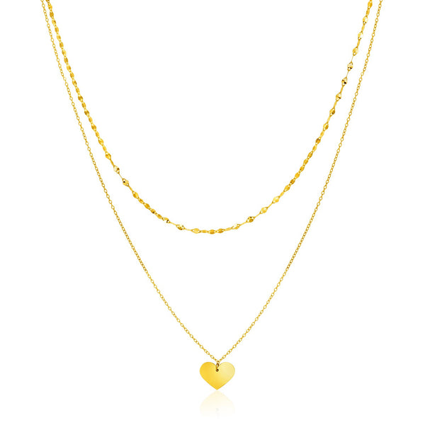 14k Yellow Gold 18 inch Two Strand Necklace with Heart Pendant