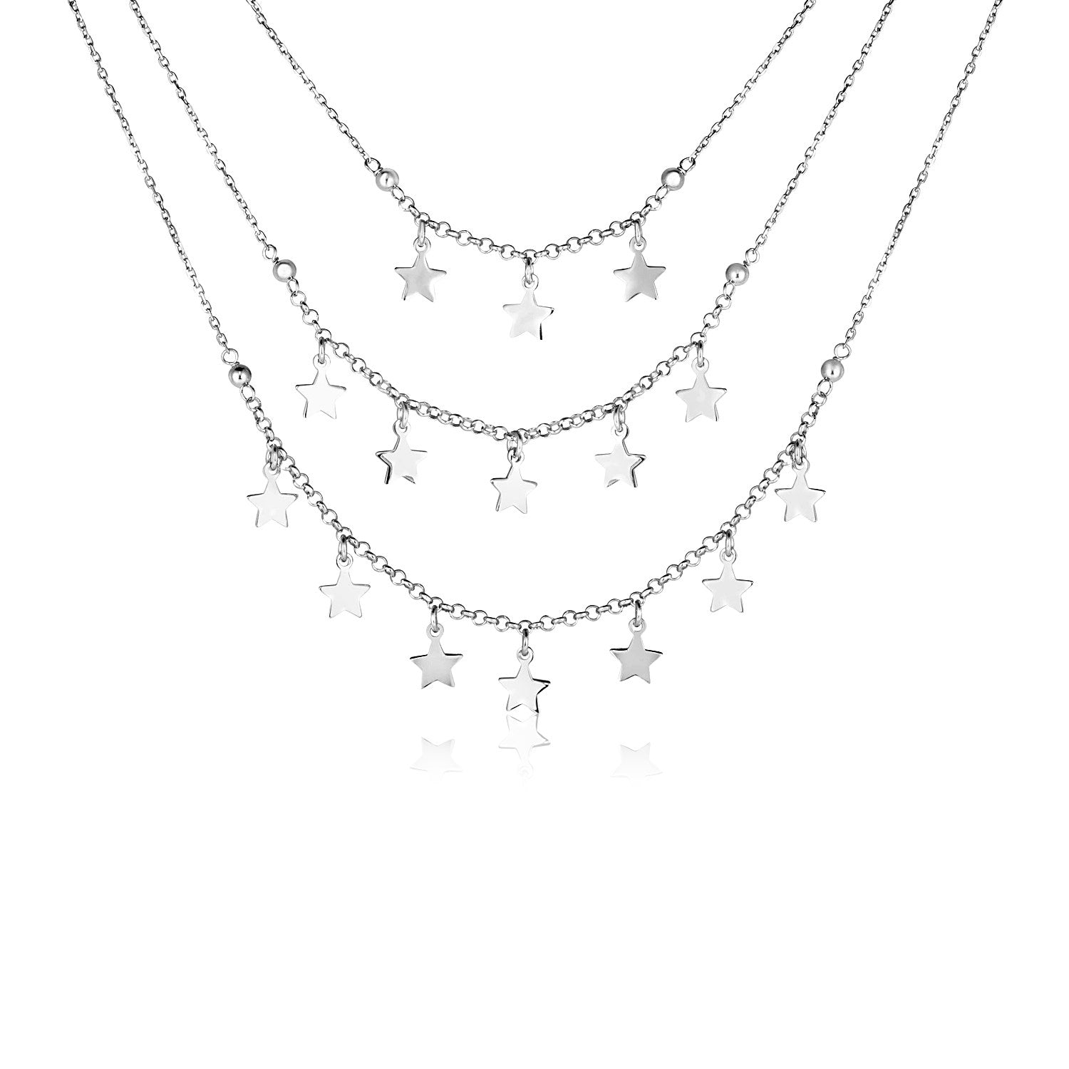 Sterling Silver Three Strand Necklace with Polished Stars