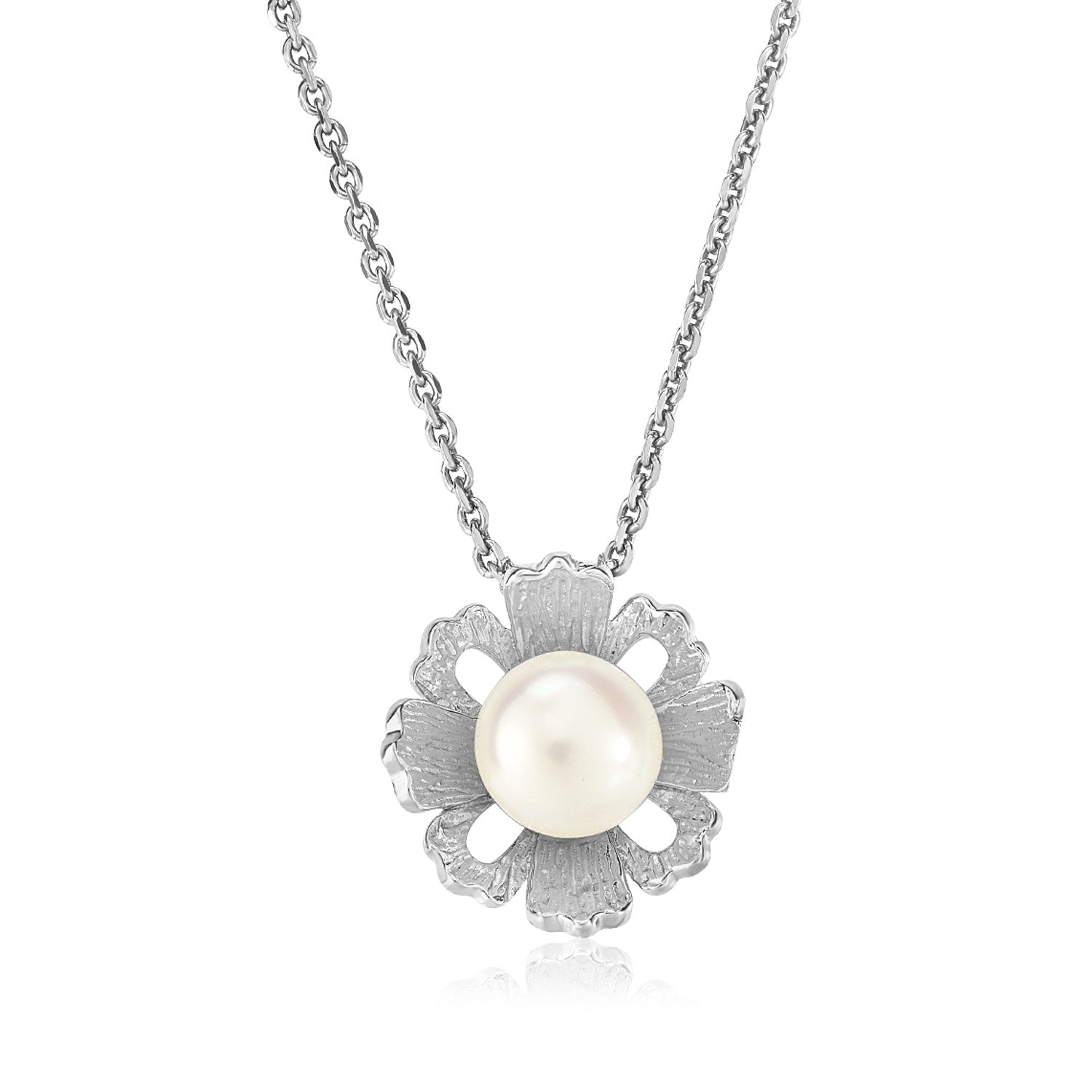 Sterling Silver Pendant with Flower Motif and Freshwater Pearl