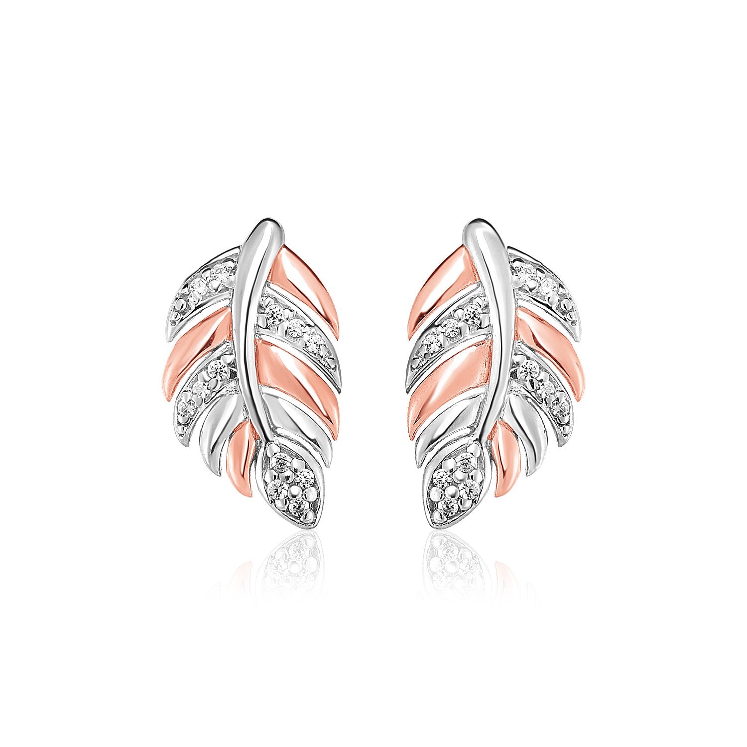 Sterling Silver Two Toned Leaf Earrings with Cubic Zirconias