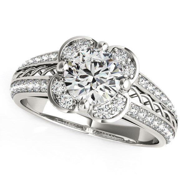 Round Diamond Floral Motif Engagement Ring in 14k White Gold (1 3/8 cttw)