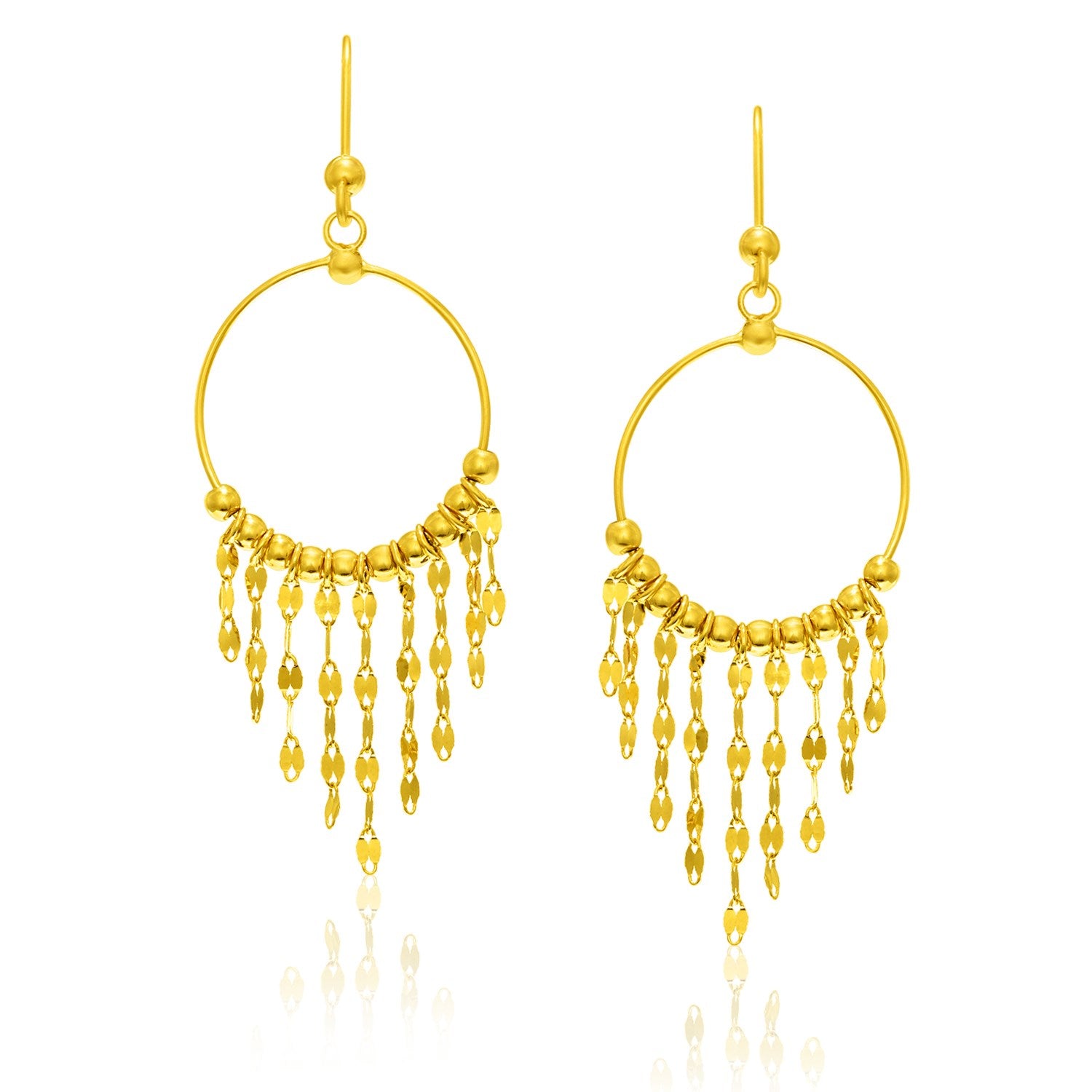 14k Yellow Gold Circle Dangling Earrings with Sequin Fringe