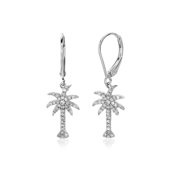 Sterling Silver Palm Tree Dangle Earrings with Cubic Zirconias