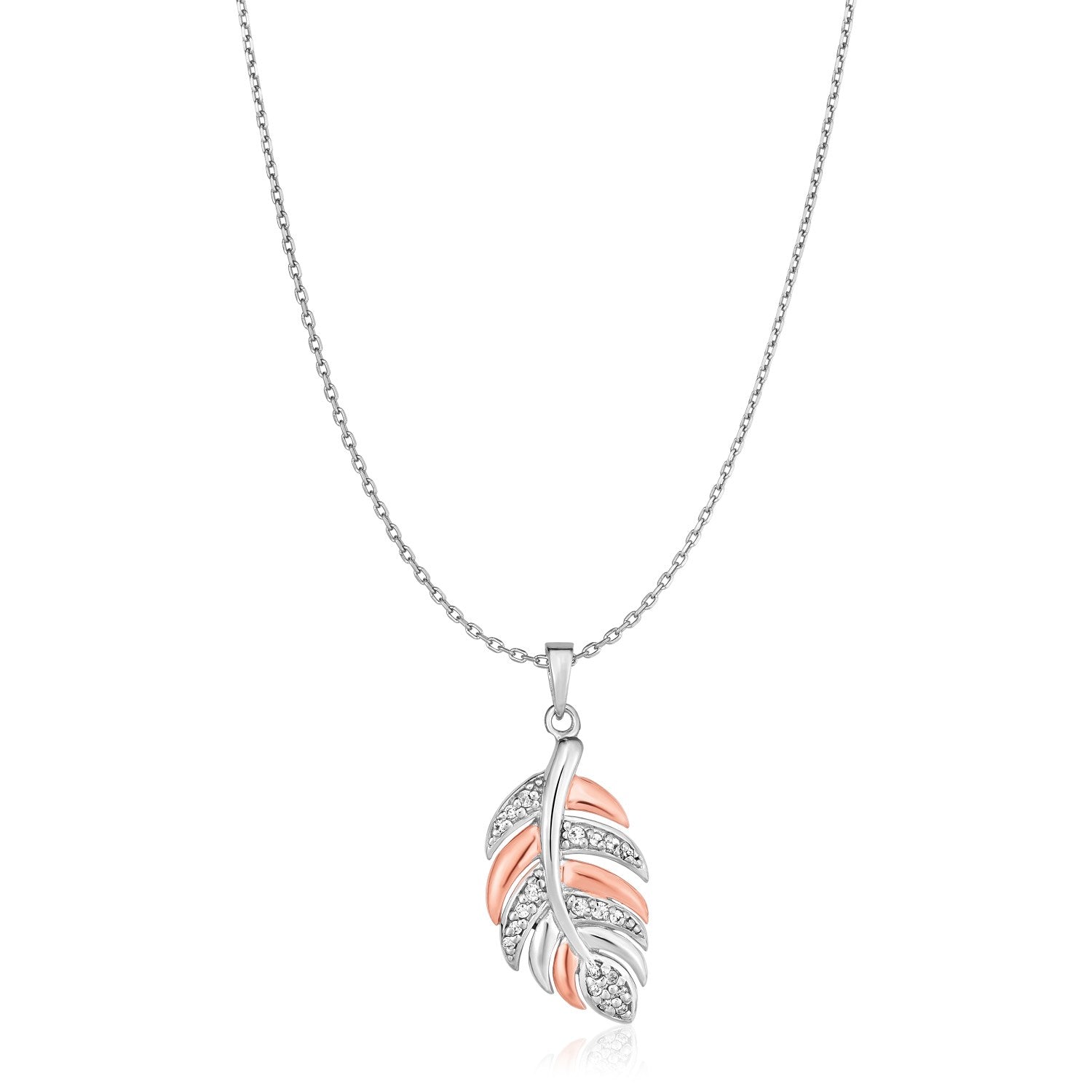Sterling Silver Two Toned Leaf Pendant with Cubic Zirconias